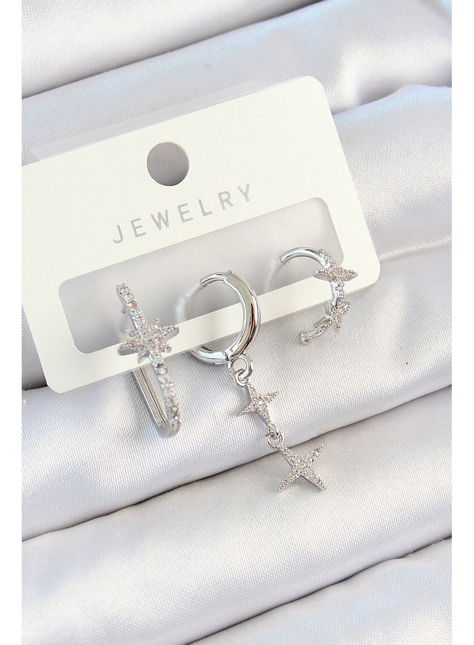 Pirinç Zirkon Taşlı Kelebek Ve Sallantılı Yıldız Model Gümüş Renk 3'lü Çift Kadın Küpe Set