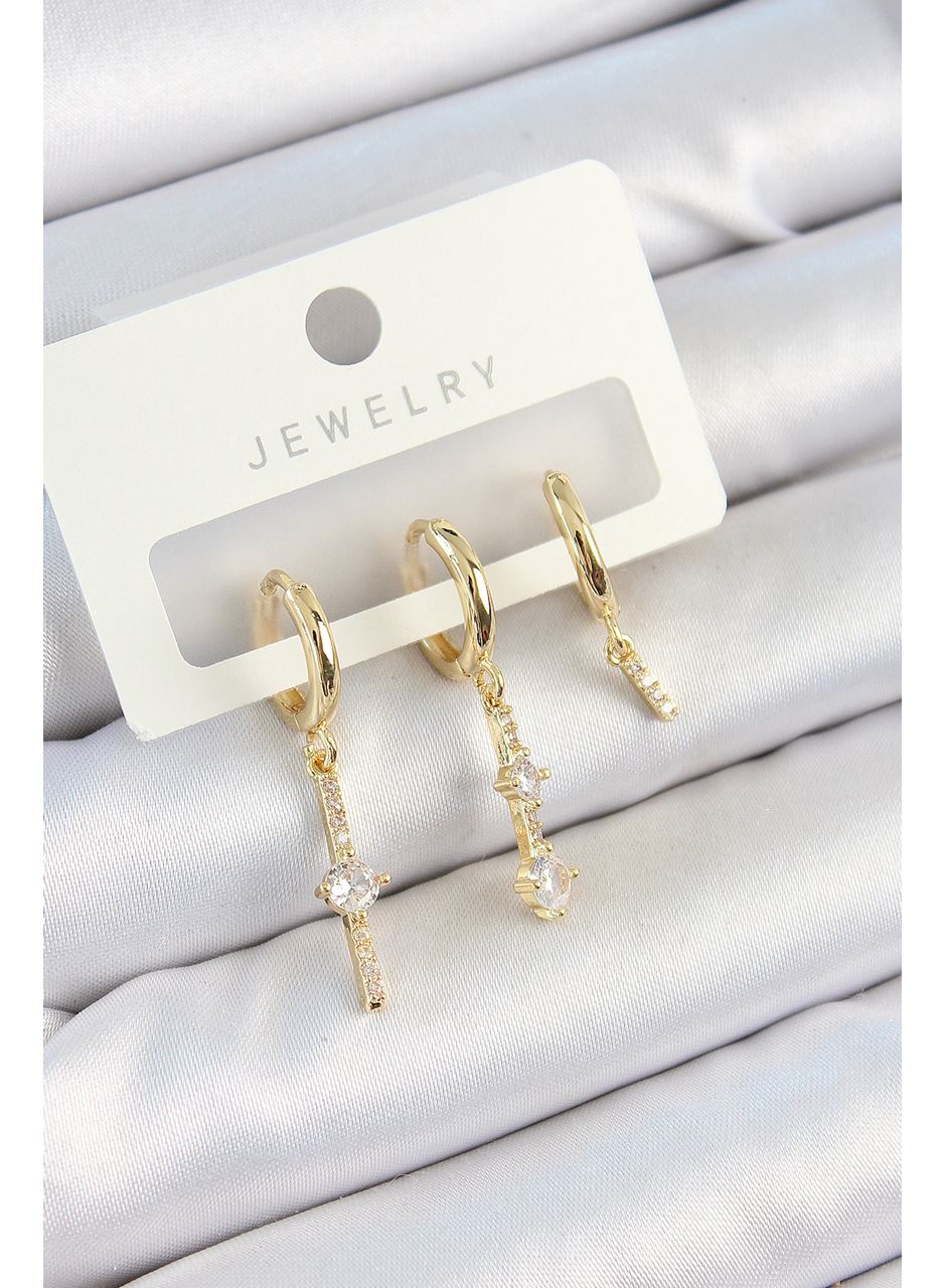 Pirinç Zirkon Taşlı Sallantılı Model Gold Renk 3'lü Çift Kadın Küpe Set