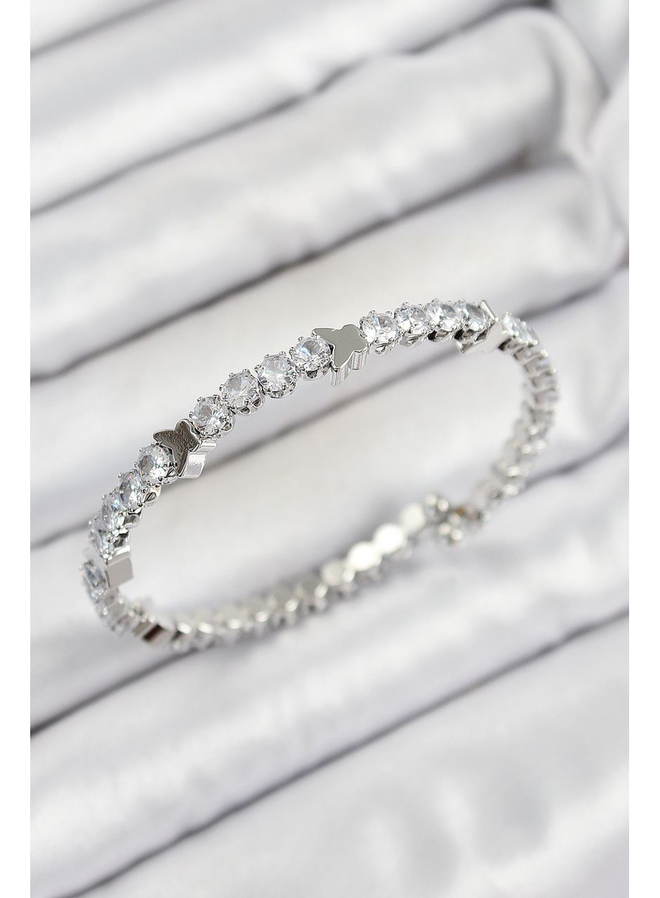 Pirinç Zirkon Taşlı Kalp Model Gümüş Renk Yaylı Kadın Bileklik