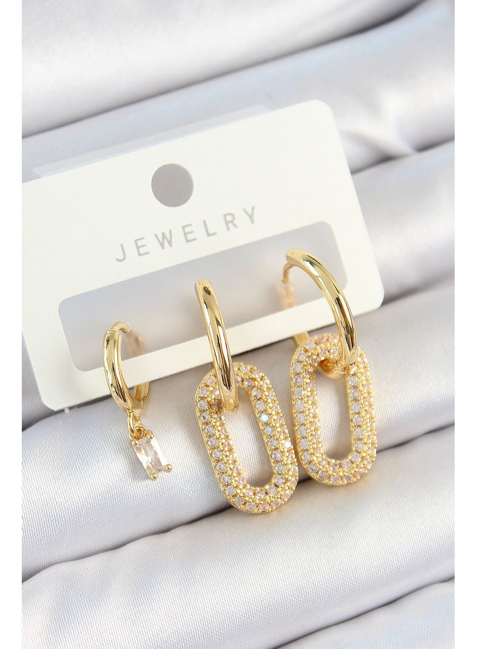 Pirinç Zirkon Taşlı Dikdörtgen Model Gold Renk 3'lü Çift Kadın Küpe Set