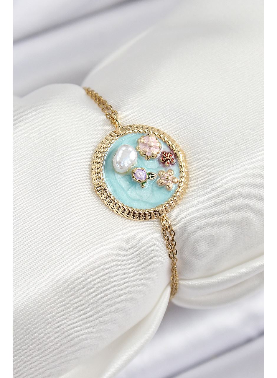 316L Çelik Zincir Turkuaz Mineli Sanatsal Portre İnci Detaylı Çiçek Model Gold Renk Kadın Bileklik