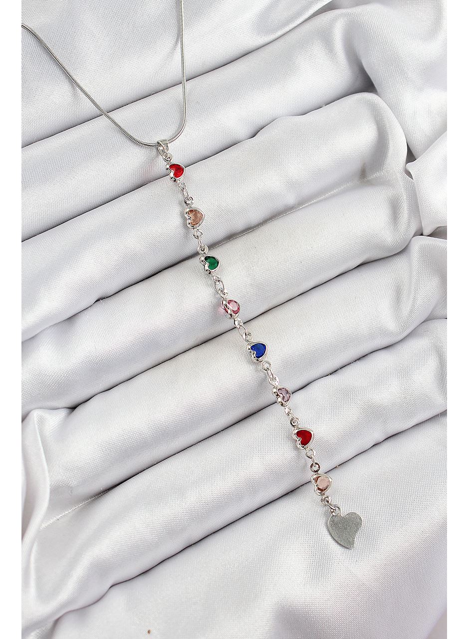 Pirinç Gümüş Renk Karışık Renk Zirkon Taşlı Kalpli Y Kadın Kolye