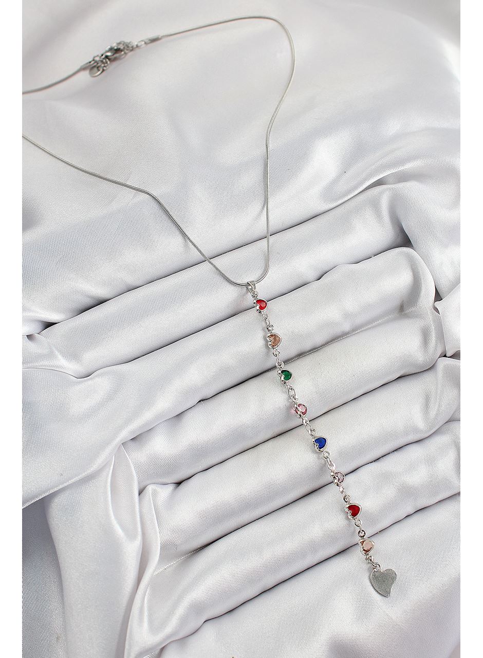 Pirinç Gümüş Renk Karışık Renk Zirkon Taşlı Kalpli Y Kadın Kolye