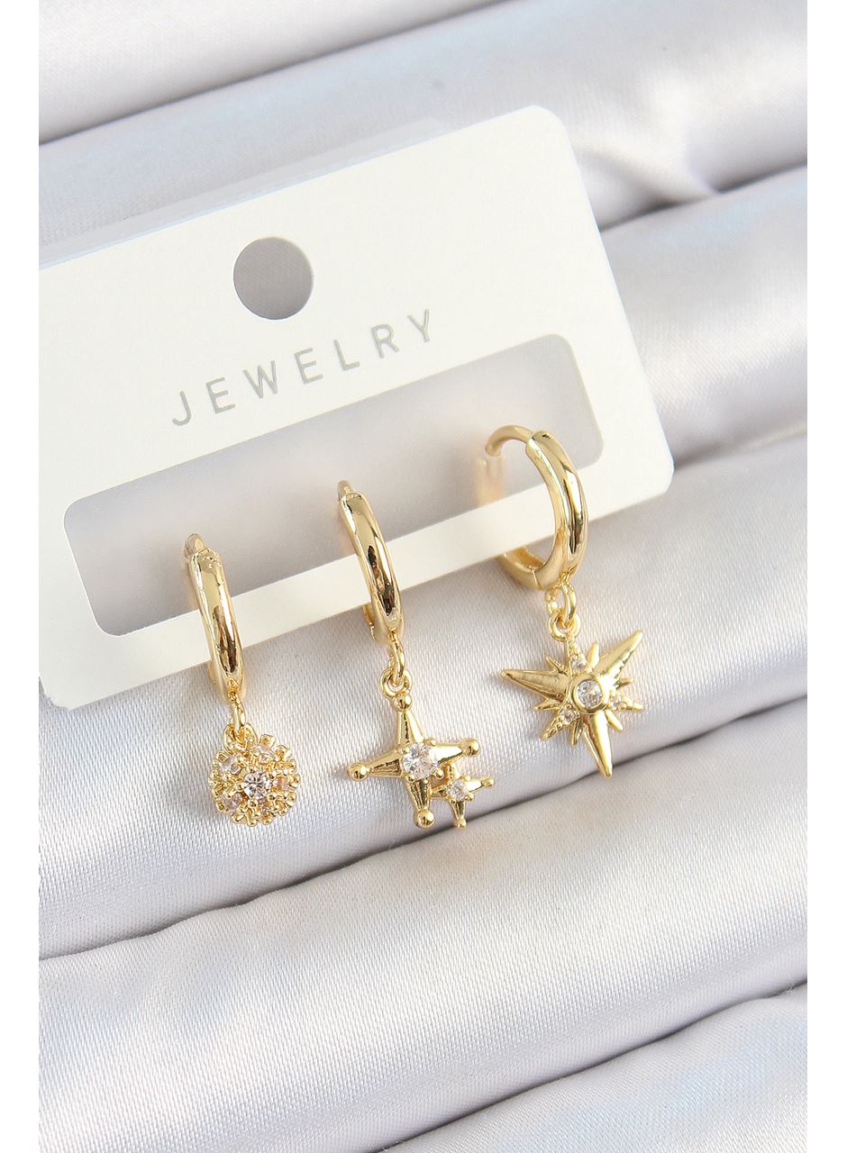 Pirinç Zirkon Taşlı Yıldız Model Gold Renk 3'lü Çift Kadın Küpe Set