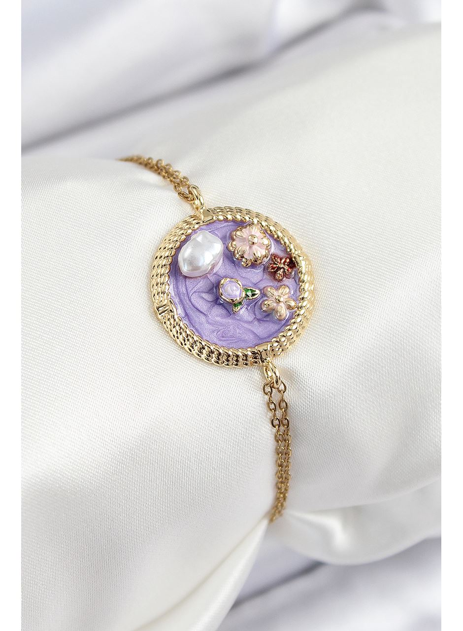 316L Çelik Zincir Mor Mineli Sanatsal Portre İnci Detaylı Çiçek Model Gold Renk Kadın Bileklik