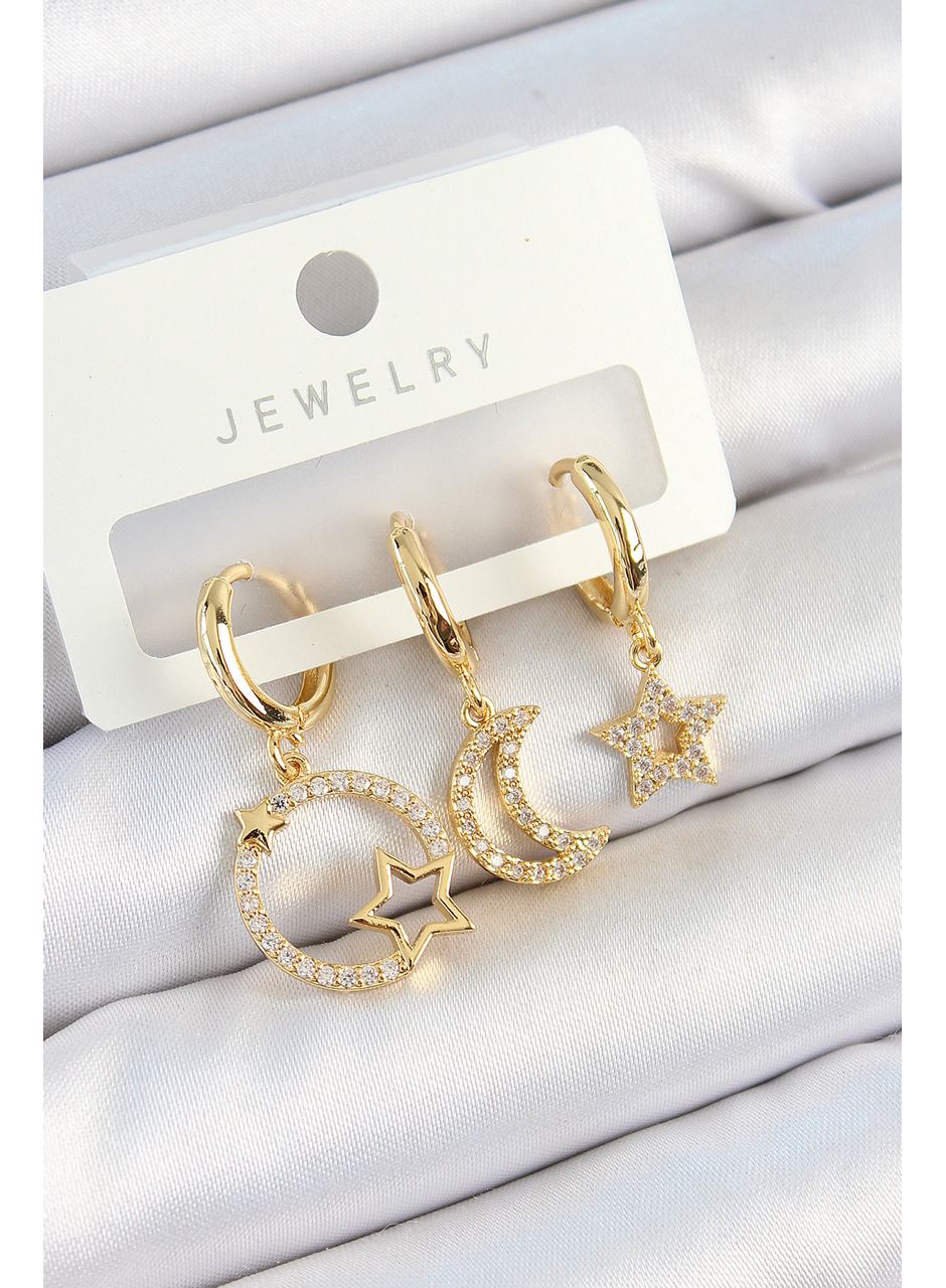 Pirinç Zirkon Taşlı Yıldız Ve Ay Model Gold Renk 3'lü Kadın Küpe Set