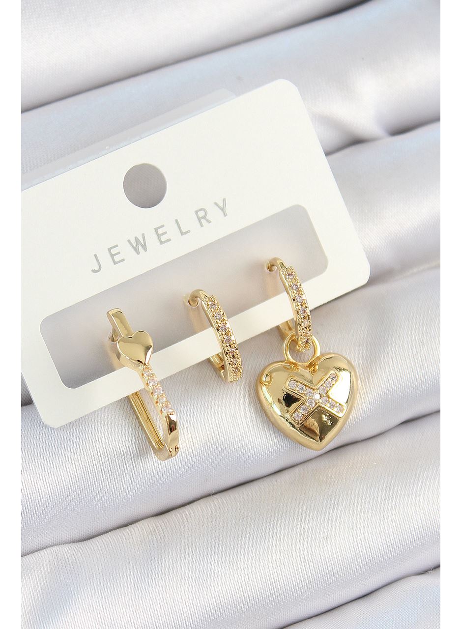 Pirinç Zirkon Taşlı Kalp Model Gold Renk 3'lü Çift Kadın Küpe Set