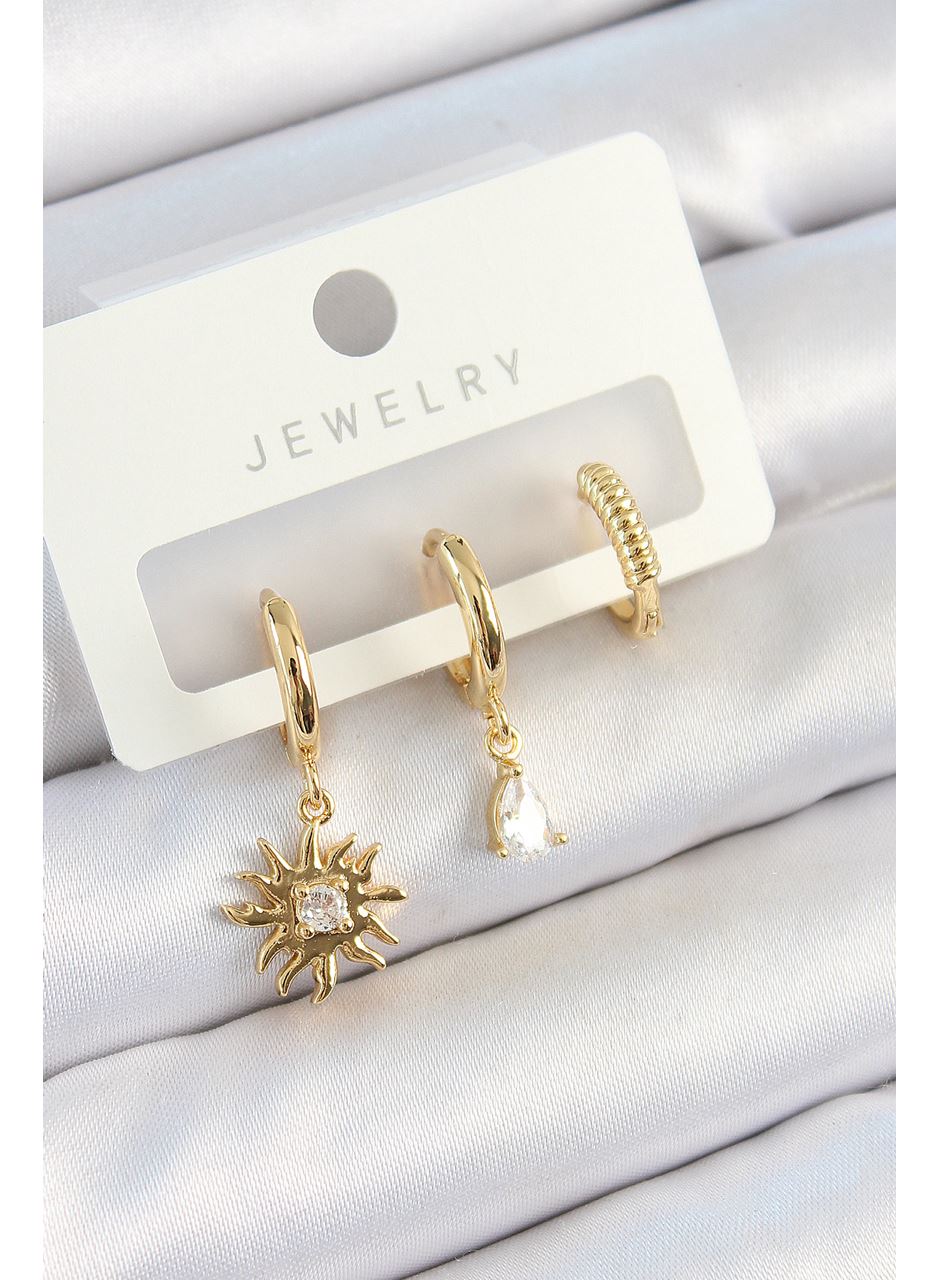 Pirinç Zirkon Taşlı Güneş Model Gold Renk 3'lü Çift Kadın Küpe Set