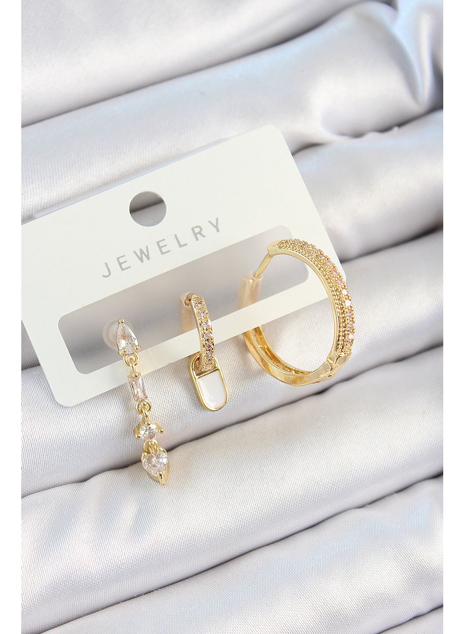 Pirinç Zirkon Taşlı Sallantılı Model Gold Renk 3'lü Çift Kadın Küpe Set