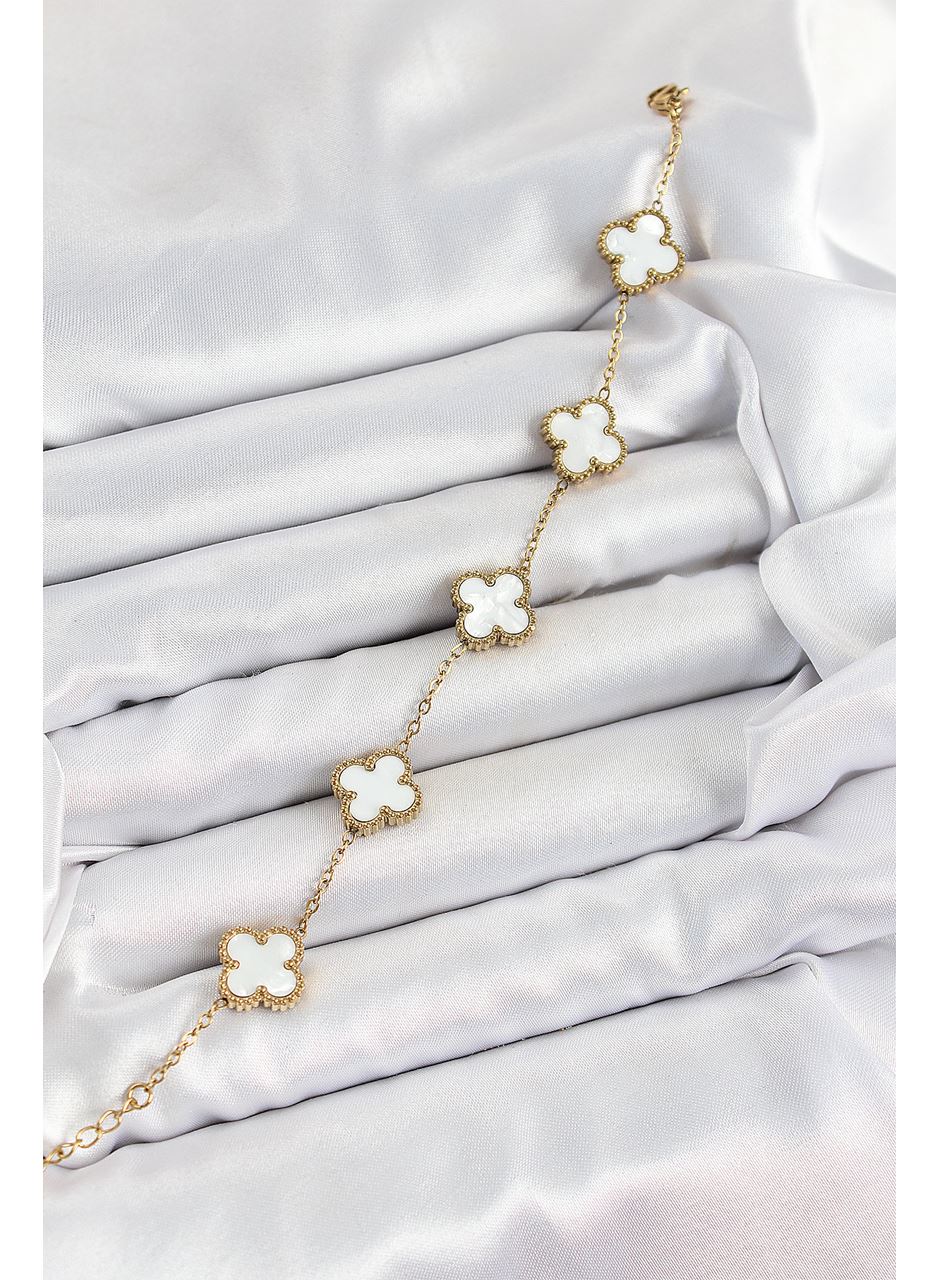 316L Çelik Beyaz Sedef Yonca Model Gold Renk Kadın Bileklik