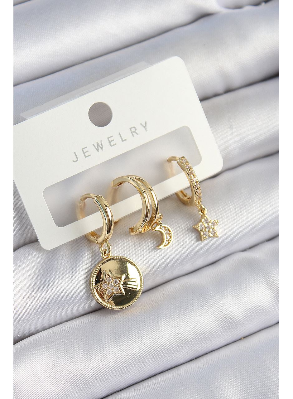 Pirinç Zirkon Taşlı Yıldız Ve Ay Model Gold Renk 3'lü Çift Kadın Küpe Set