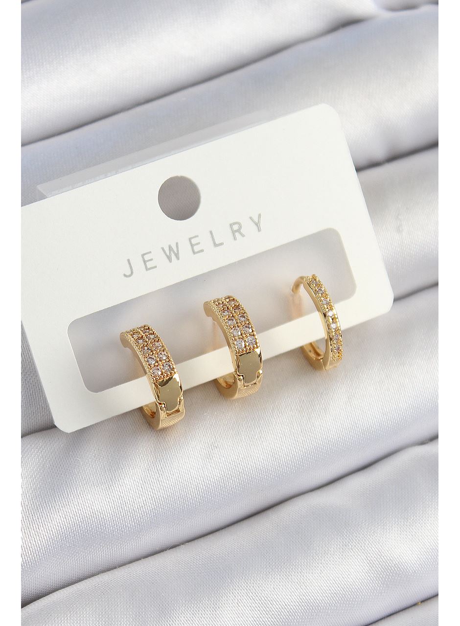 Pirinç Zirkon Taşlı Halka Model Gold Renk 3'lü Çift Kadın Küpe Set