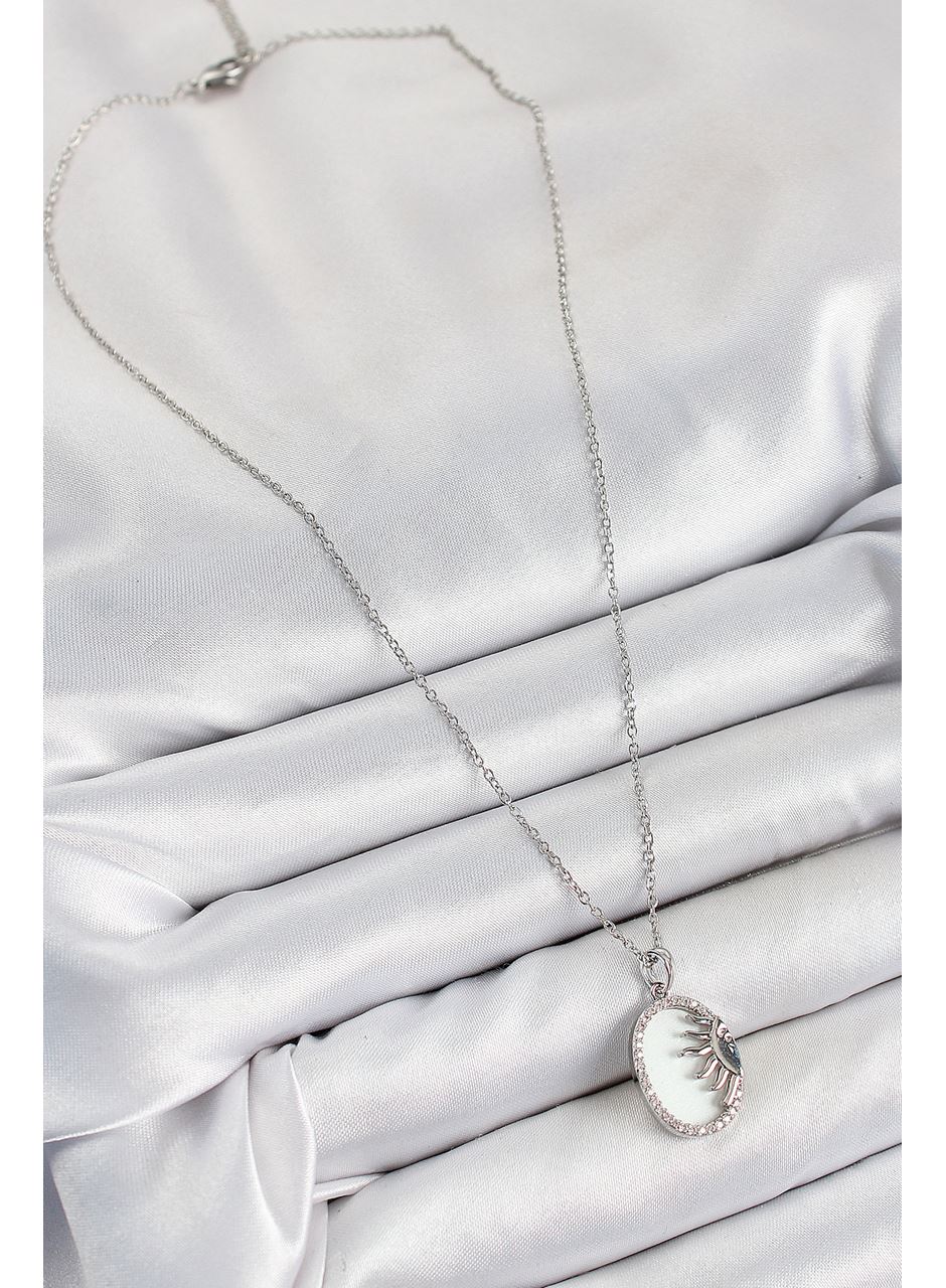 316L Çelik Zirkon Taşlı Yarım Güneş Model Gümüş Renk Kadın Kolye