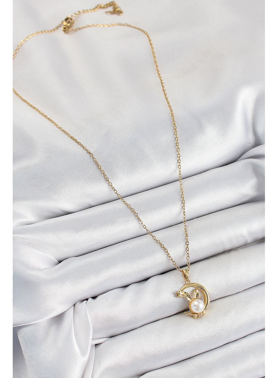 316L Çelik İnci Detaylı Hilal Tavşan Model Gold Renk Kadın Kolye