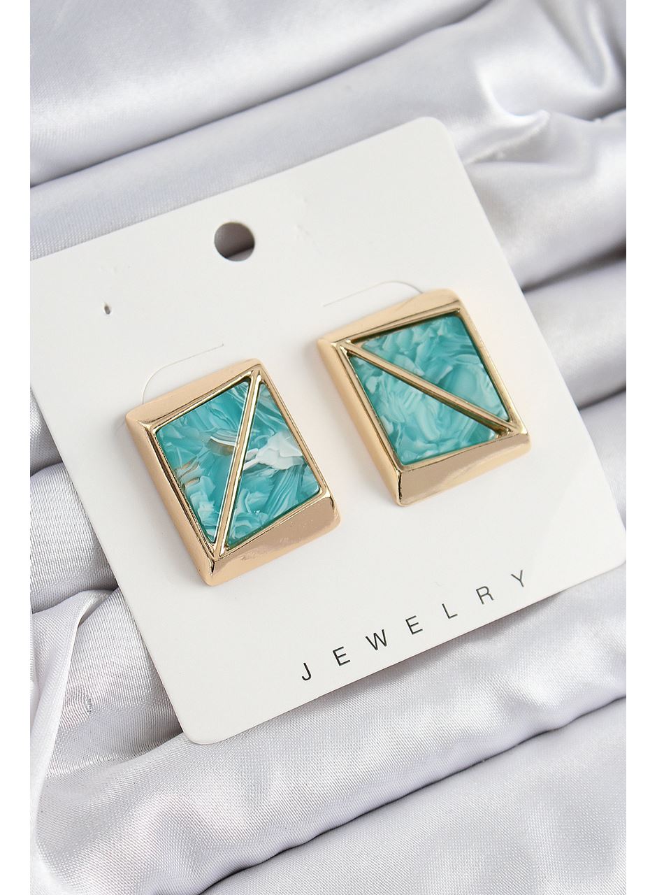 Pirinç Turkuaz Üçgen Kesim Detaylı Kare Model Vintage Gold Renk Kadın Küpe