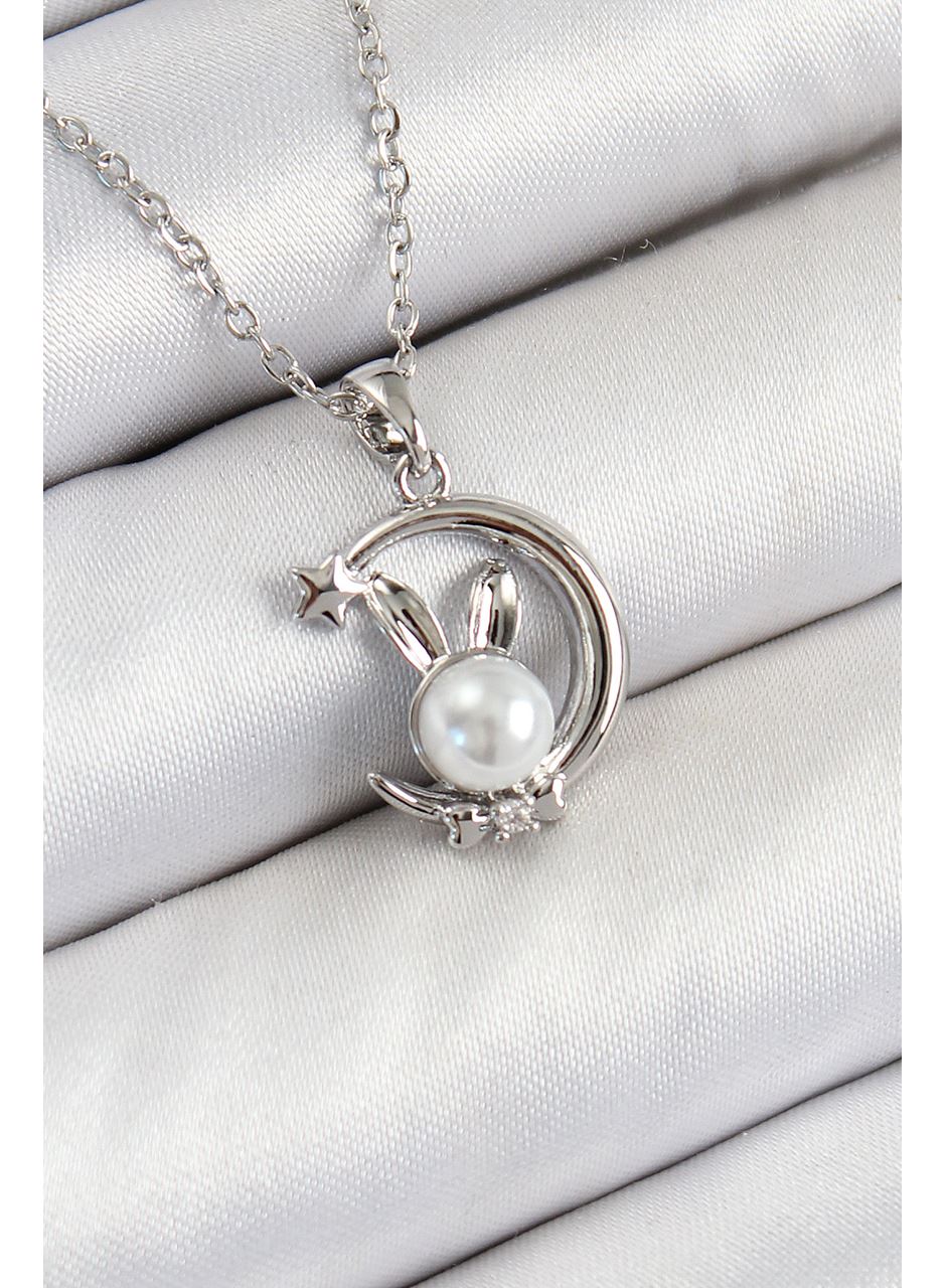 316L Çelik İnci Detaylı Hilal Tavşan Model Gümüş Renk Kadın Kolye