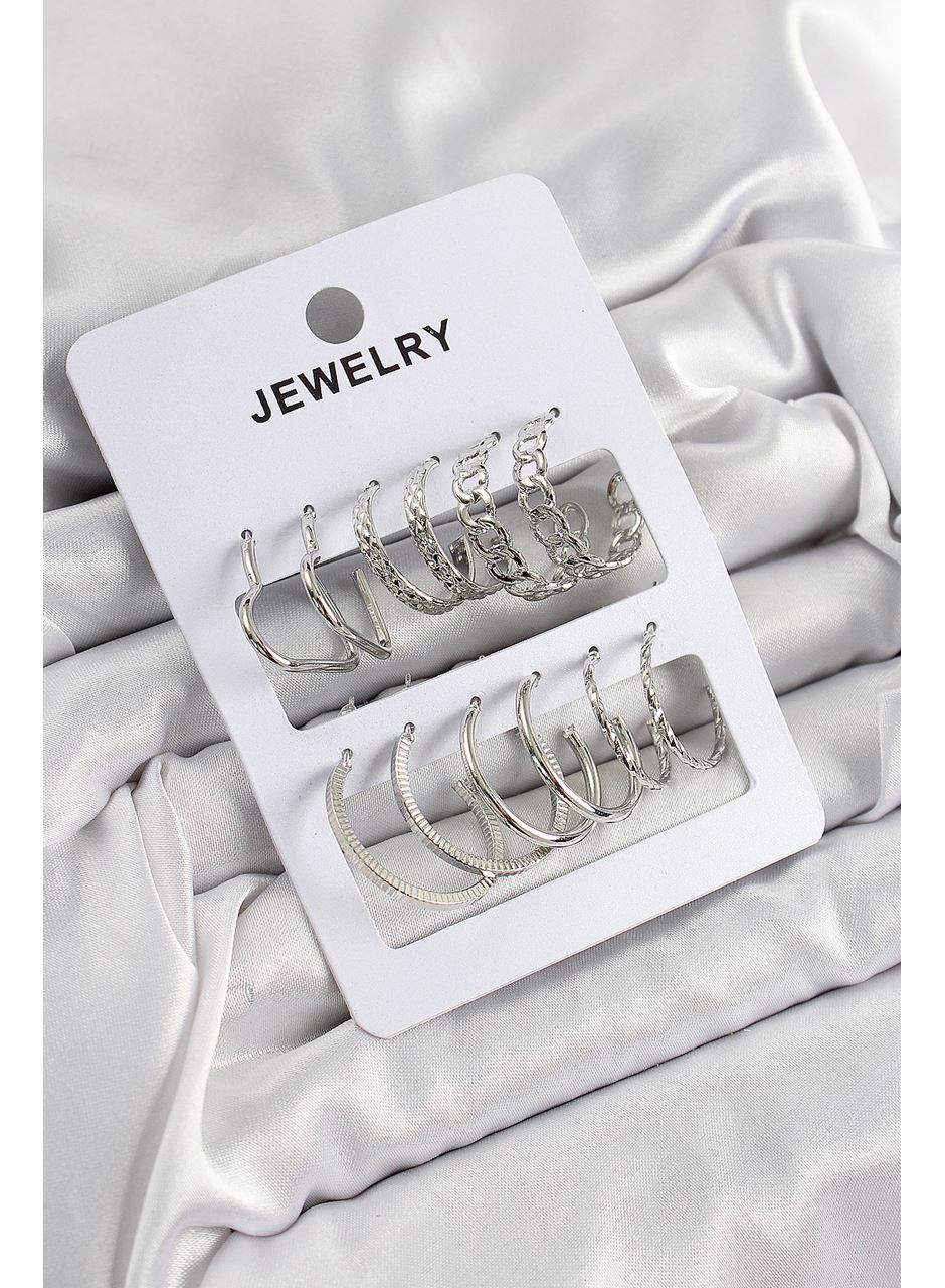 Pirinç Karışık Halka Model Gümüş Renk 6 Çift Kadın Küpe Set