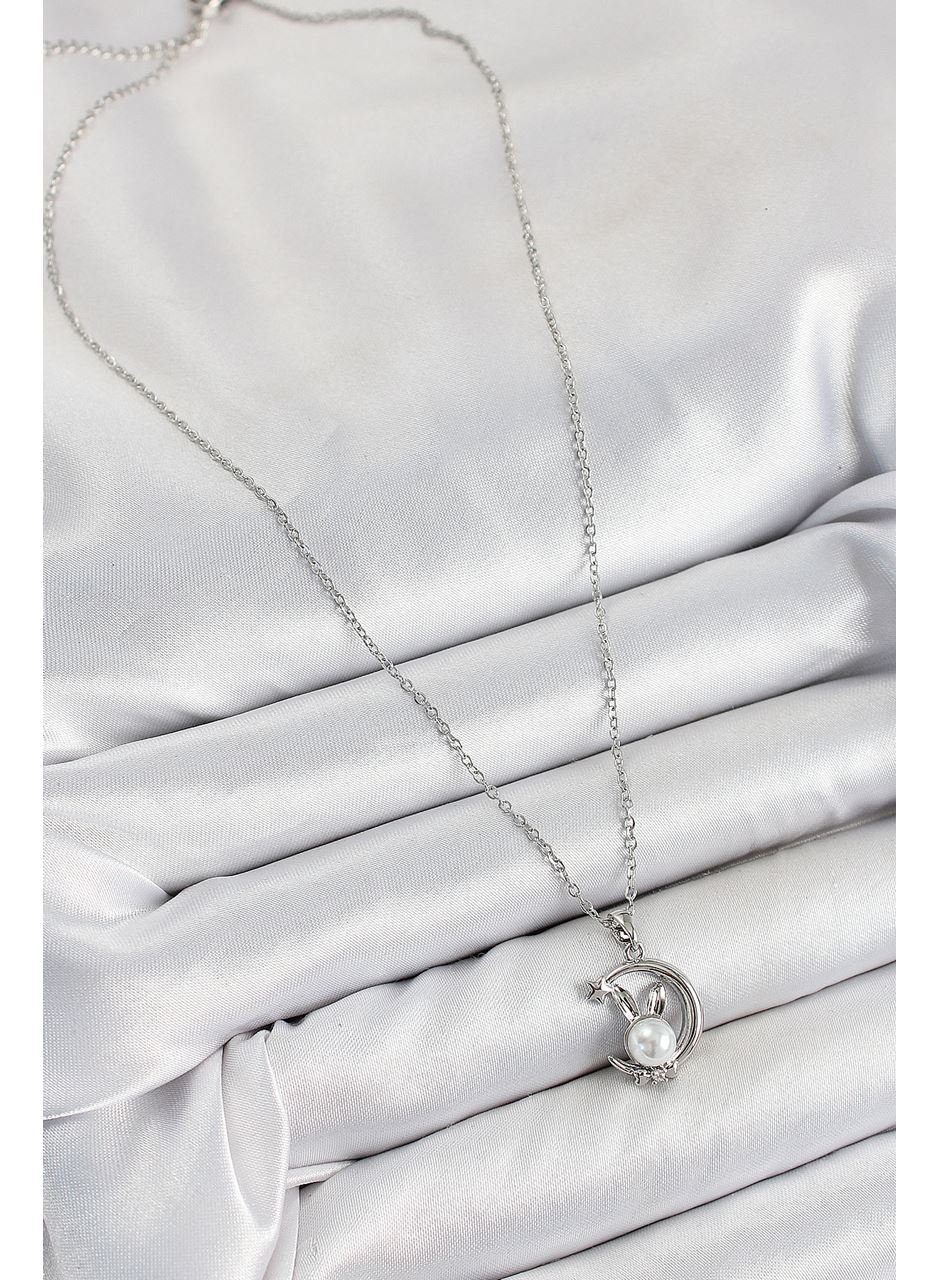 316L Çelik İnci Detaylı Hilal Tavşan Model Gümüş Renk Kadın Kolye