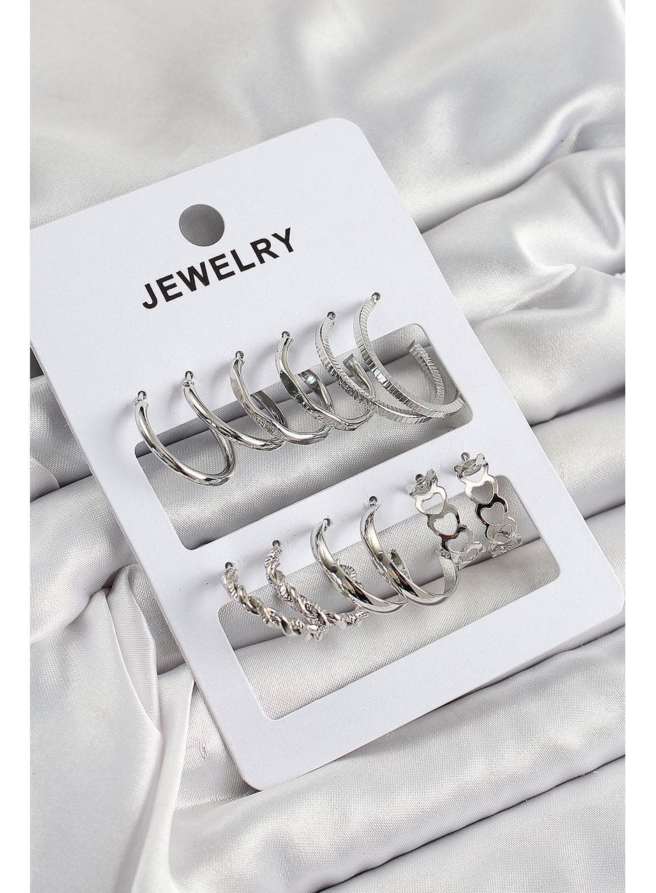 Pirinç Karışık Halka Model Gümüş Renk 6 Çift Kadın Küpe Set