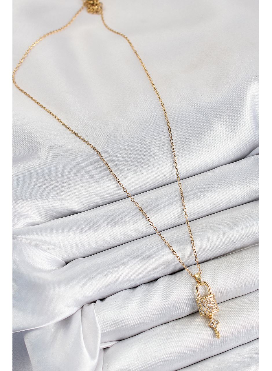 316L Çelik Zirkon Taşlı Kilit Ve Sallantılı Anahtar Model Gold Renk Kadın Kolye