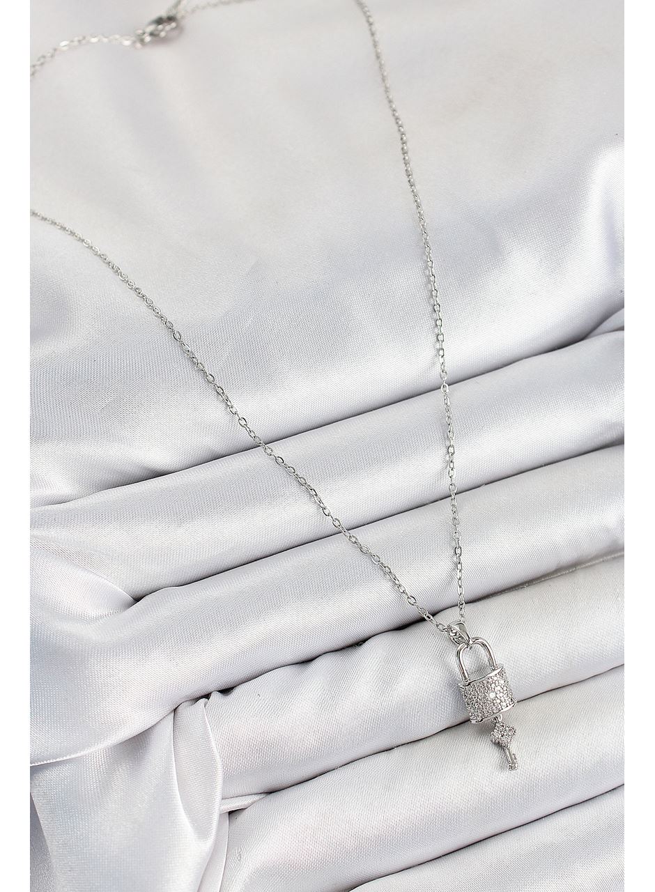 316L Çelik Zirkon Taşlı Kilit Ve Sallantılı Anahtar Model Gümüş Renk Kadın Kolye