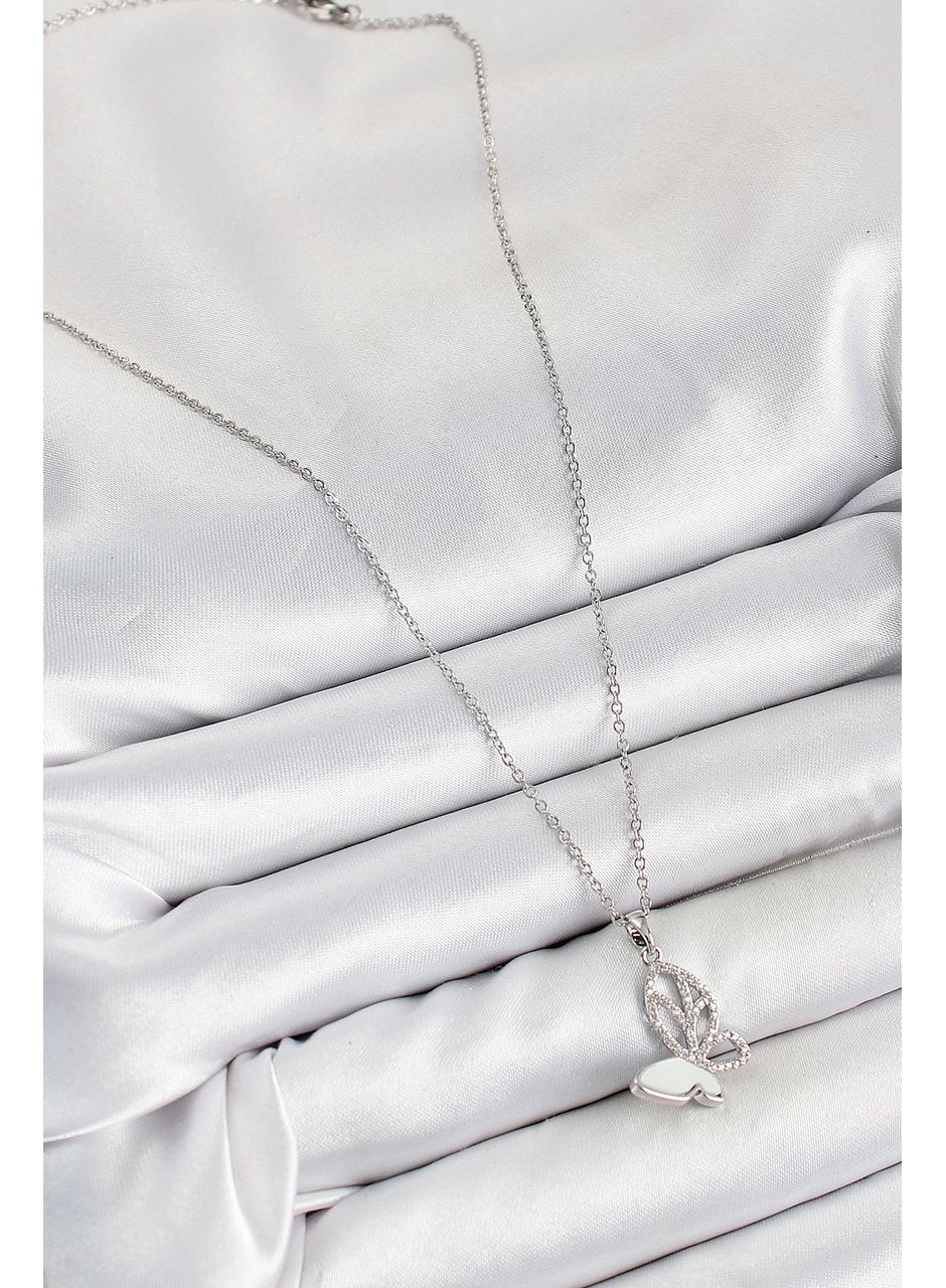 316L Çelik Zirkon Taşlı Kelebek Model Gümüş Renk Kadın Kolye