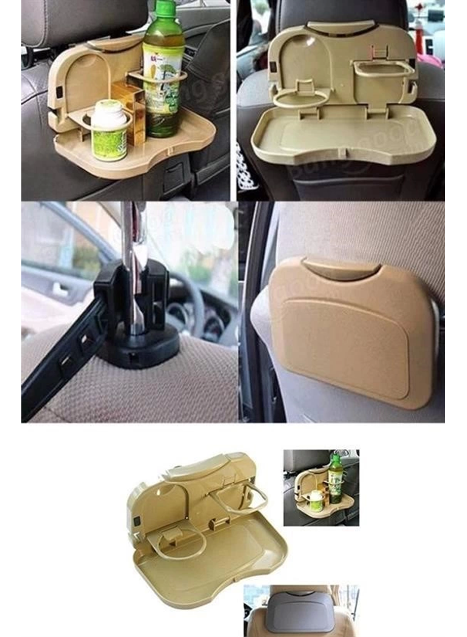 Araç İçi Koltuk Arkası Katlanabilir Bardak Tutuculu Bej Tepsi (