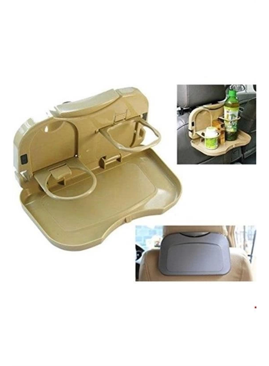 Araç İçi Koltuk Arkası Katlanabilir Bardak Tutuculu Bej Tepsi (