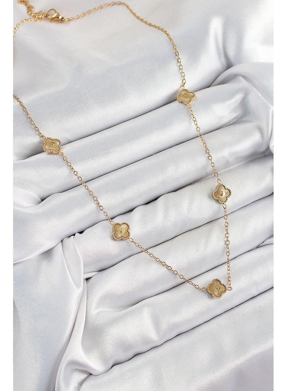 316L Çelik Yonca Model Gold Renk Kadın Kolye