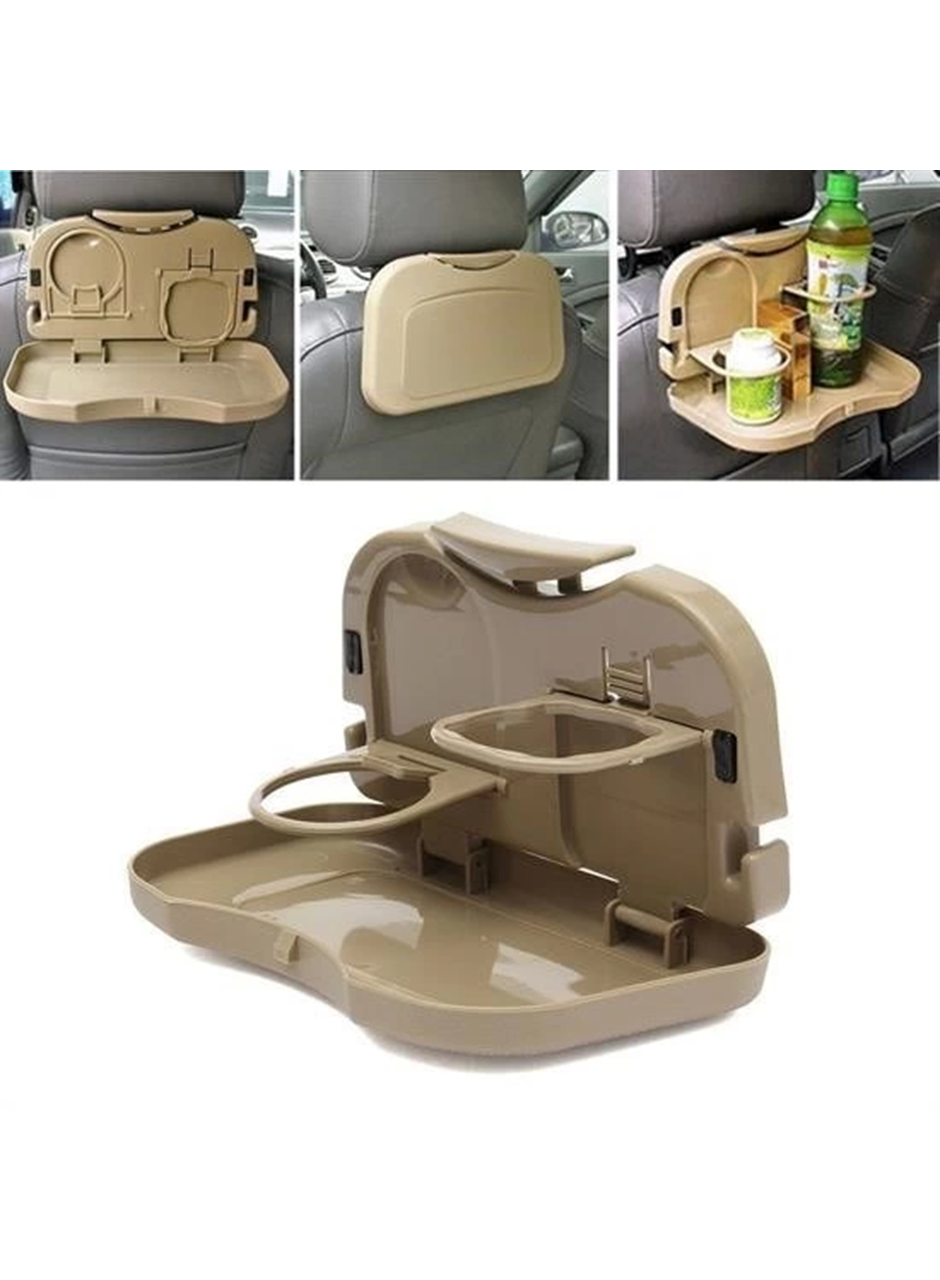 Araç İçi Koltuk Arkası Katlanabilir Bardak Tutuculu Bej Tepsi (