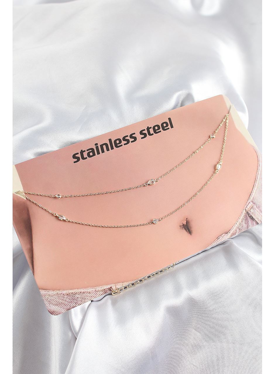 316L Çelik Zirkon Taşlı Damla Model Gold Renk Göbek Bel Zinciri