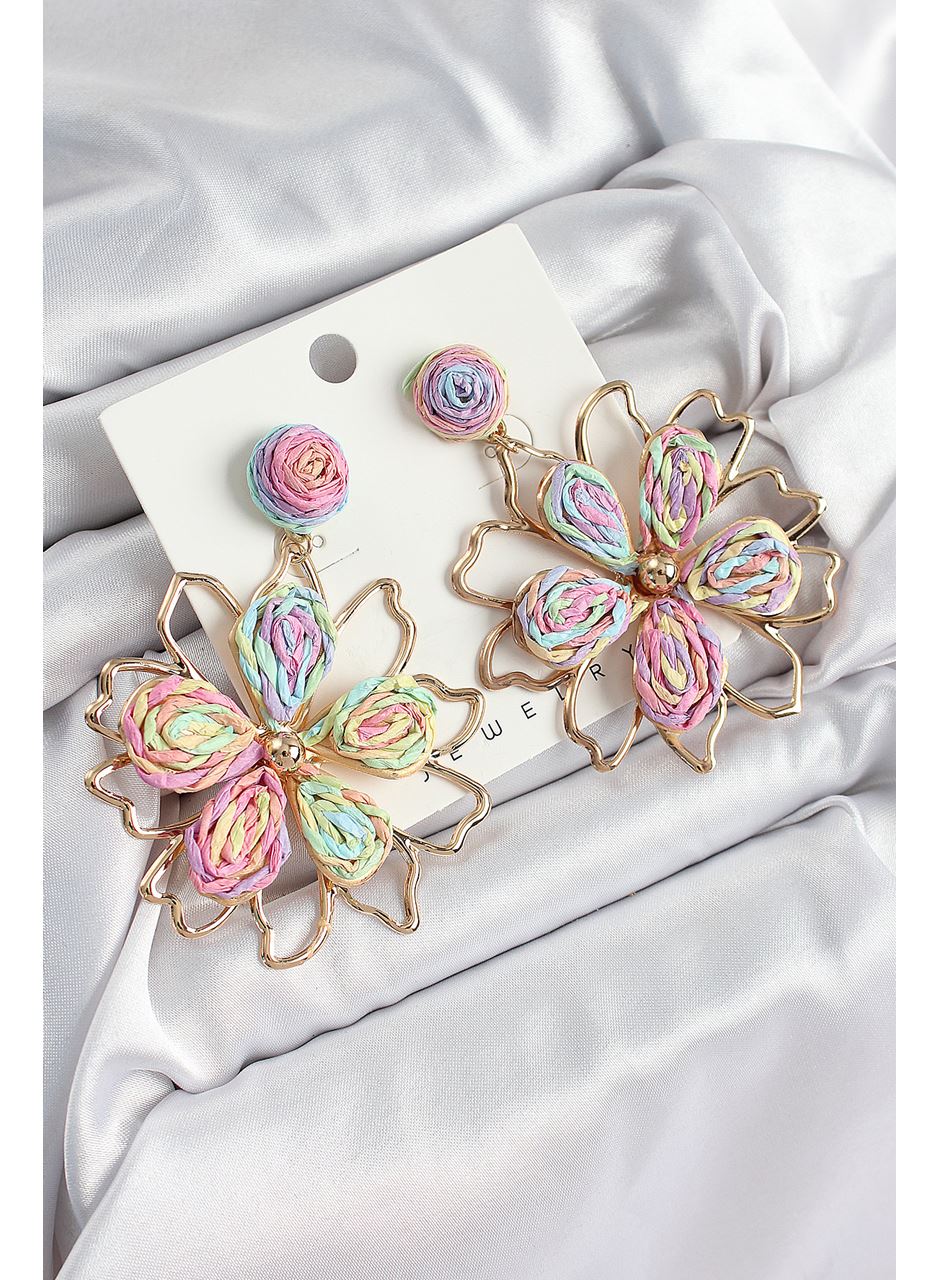 Pirinç Rainbow Çiçek Model Gold Renk Kadın Hasır Küpe