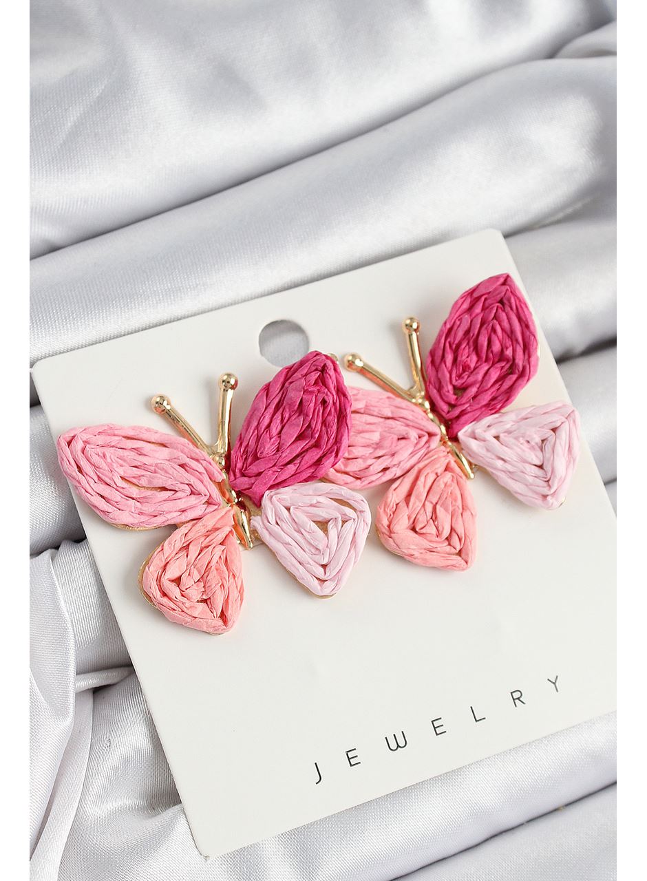Pirinç Pembe Kelebek Model Gold Renk Kadın Hasır Küpe
