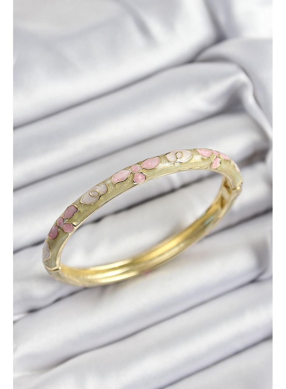 Mineli Pirinç Pembe Hardal Ve Krem Çiçek Motifli Gold Renk Kadın Kelepçe