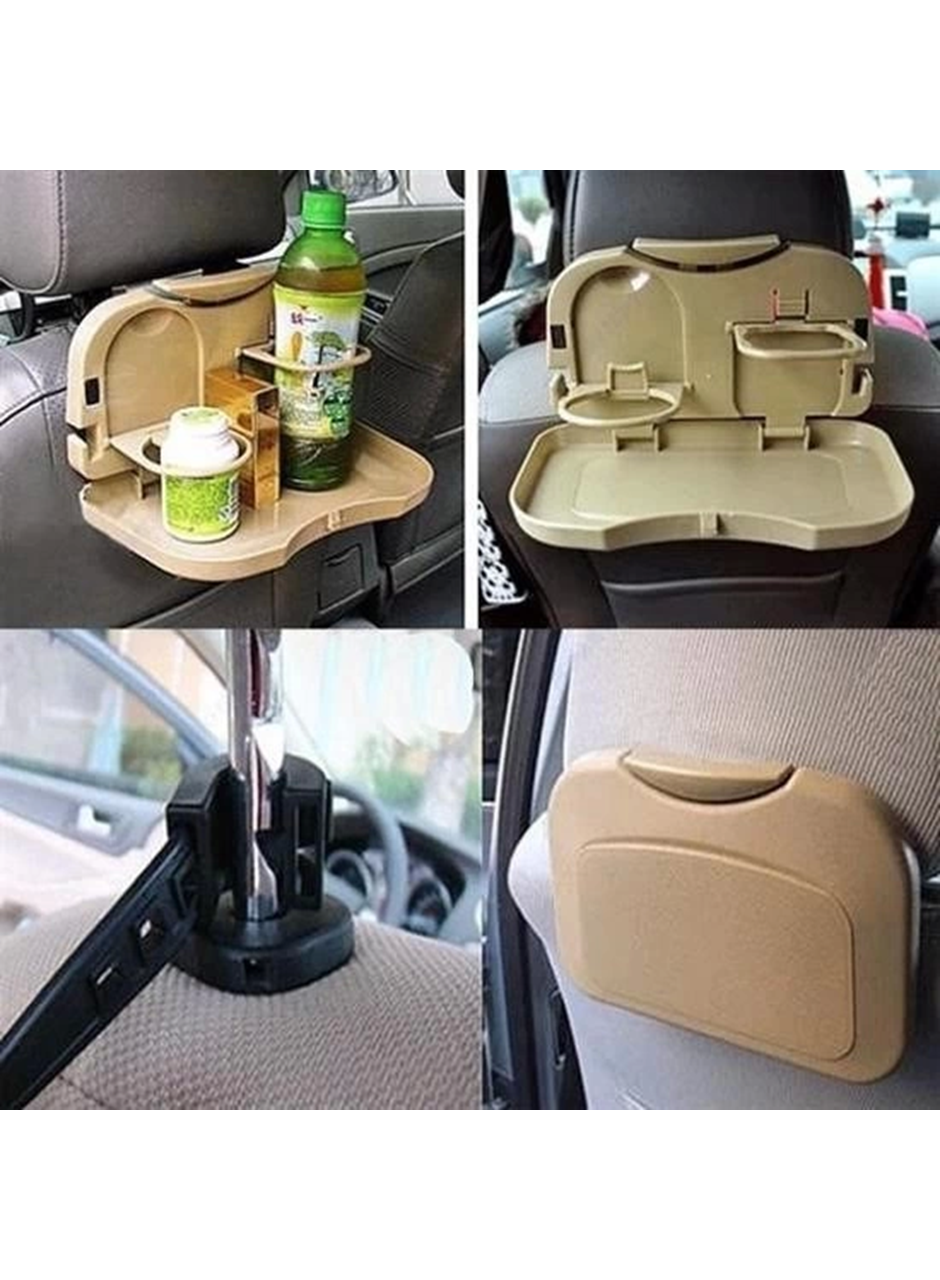 Araç İçi Koltuk Arkası Katlanabilir Bardak Tutuculu Bej Tepsi (