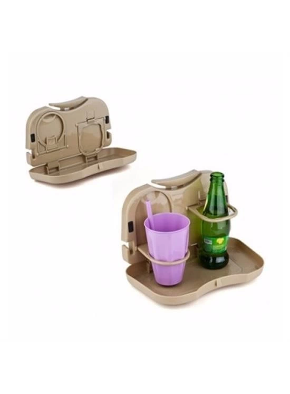 Araç İçi Koltuk Arkası Katlanabilir Bardak Tutuculu Bej Tepsi (