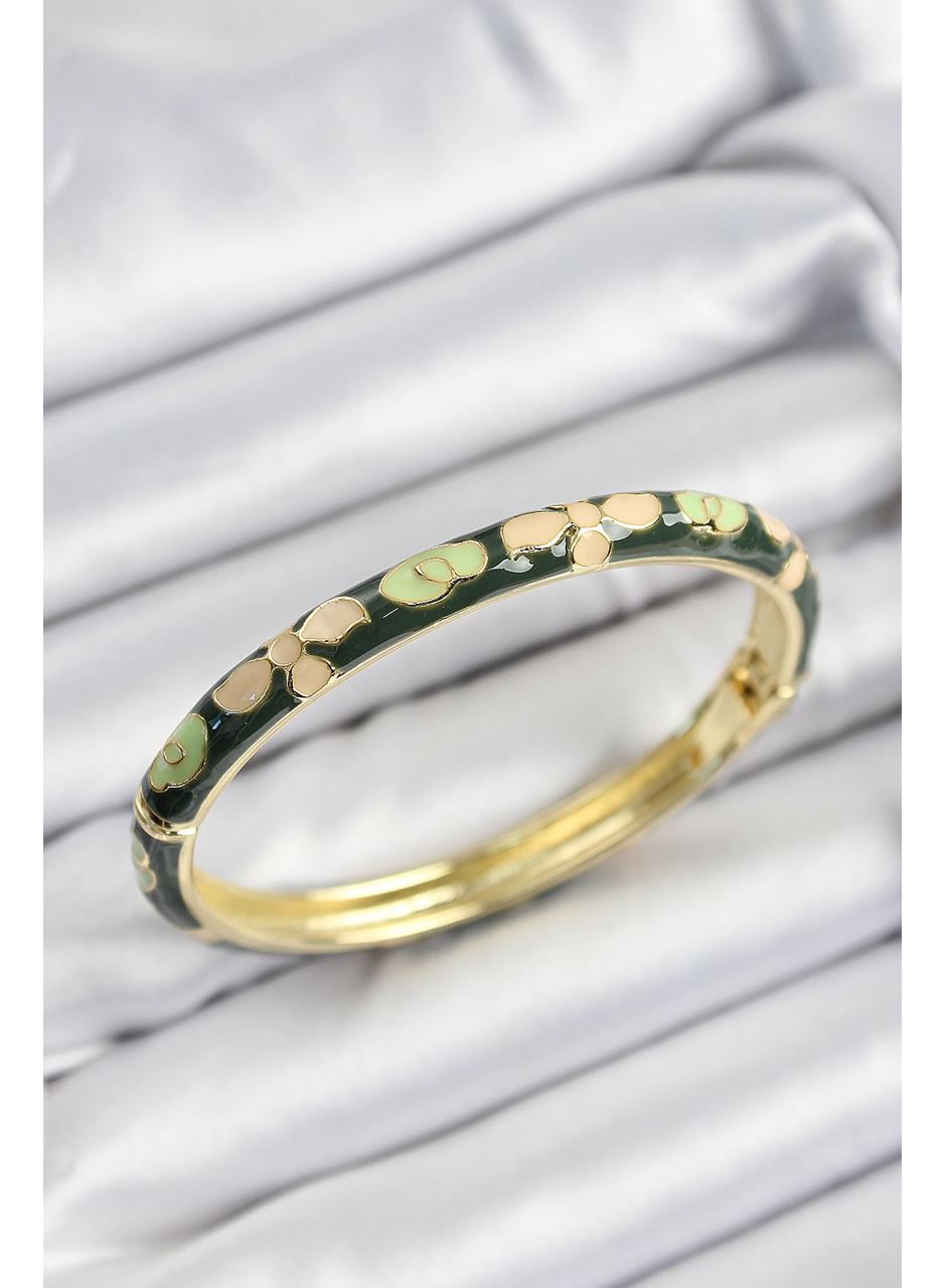 Mineli Pirinç Krem Ve Yeşil Çiçek Motifli Gold Renk Kadın Kelepçe