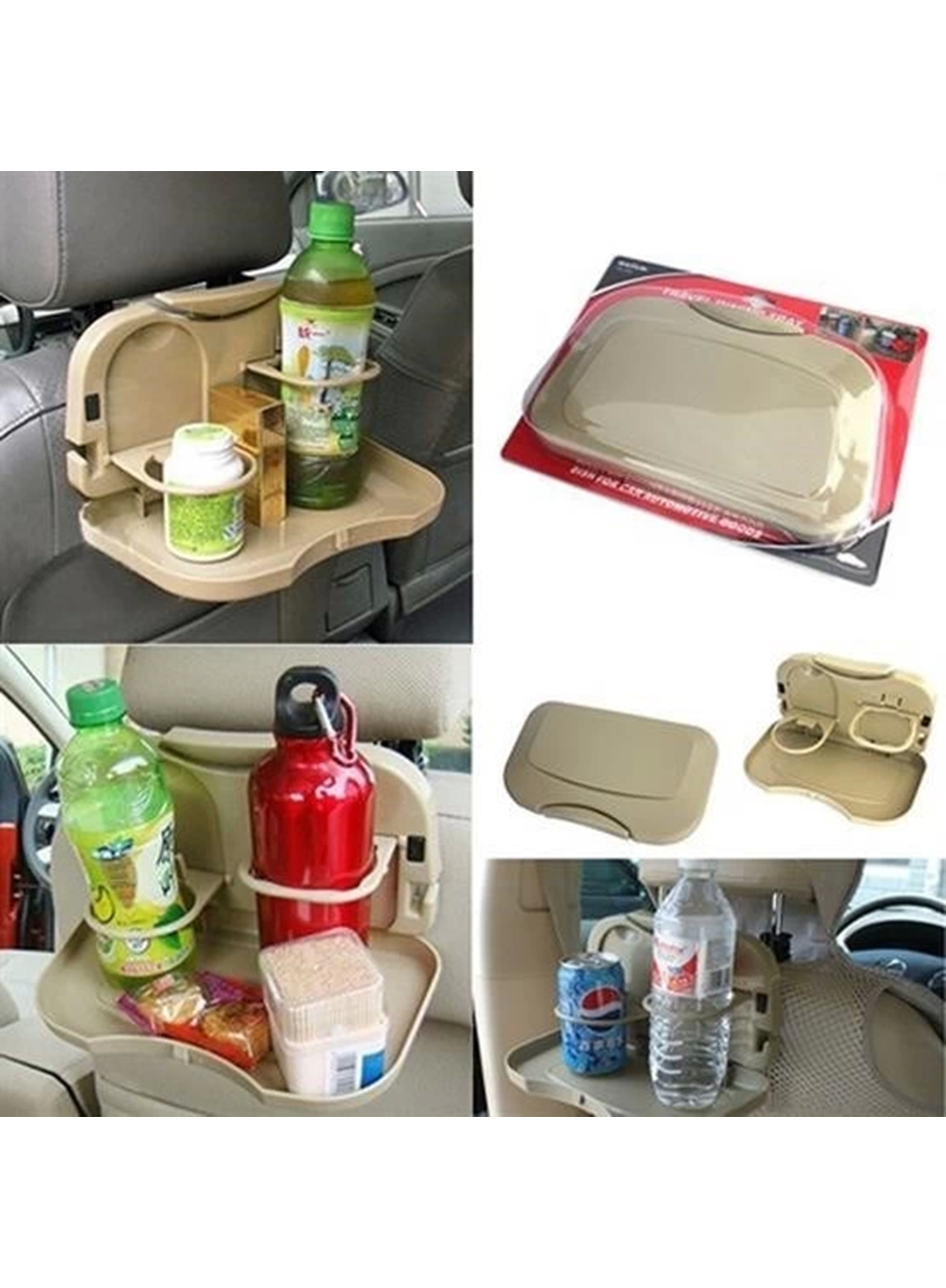 Araç İçi Koltuk Arkası Katlanabilir Bardak Tutuculu Bej Tepsi (