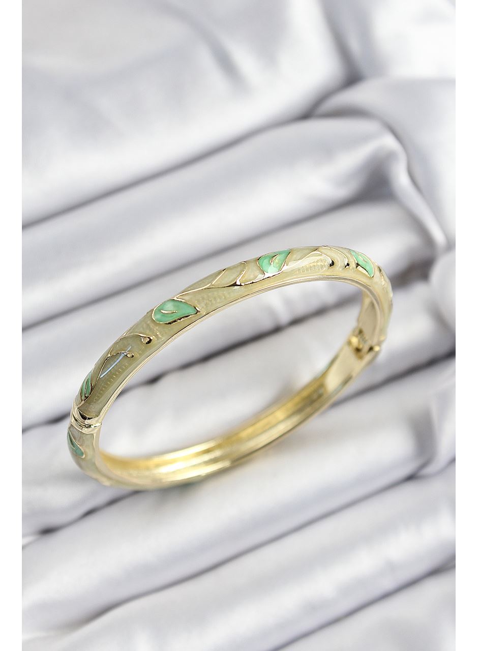 Mineli Pirinç Yeşil Yaprak Motifli Gold Renk Kadın Kelepçe