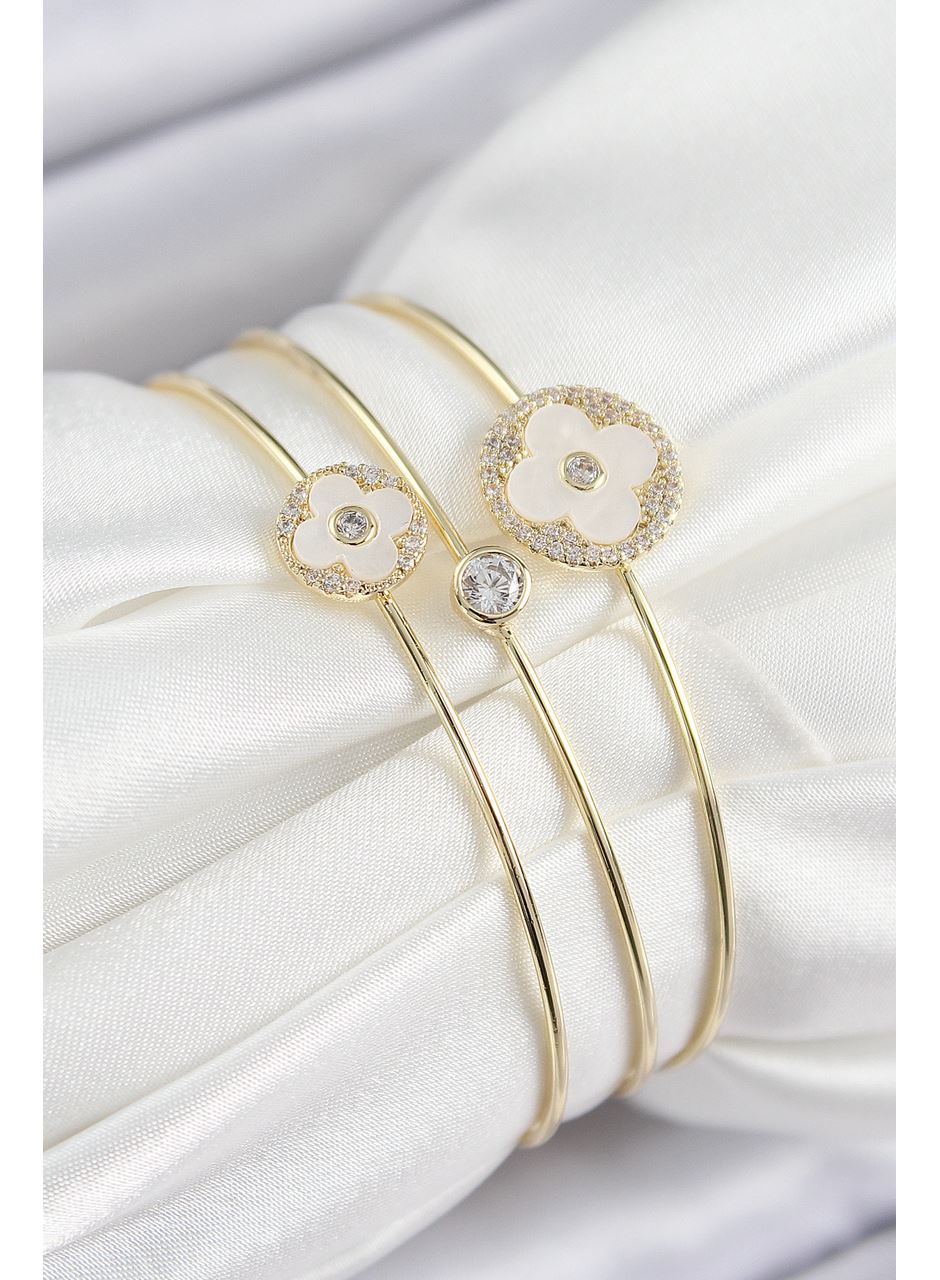 Pirinç Zirkon Taşlı Yonca Model Gold Renk Vip 3'lü Kadın Bileklik