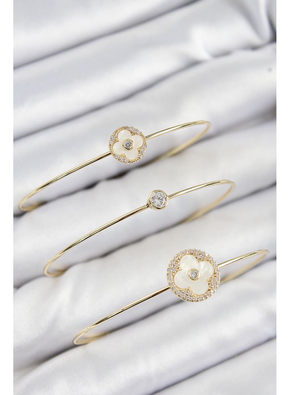 Pirinç Zirkon Taşlı Yonca Model Gold Renk Vip 3'lü Kadın Bileklik