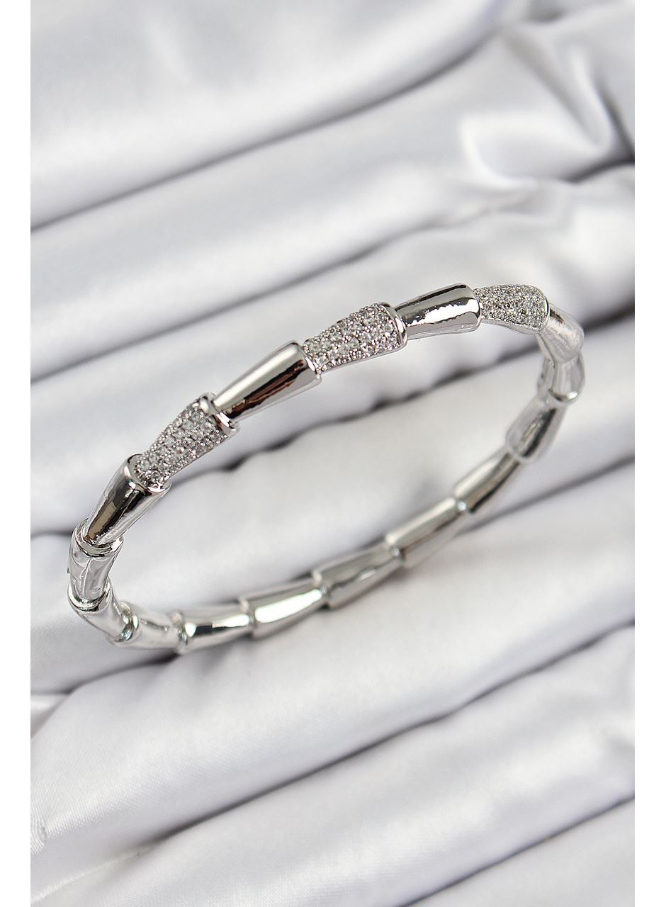 Pirinç Zirkon Taşlı Kemik Model Gümüş Renk Vip Kadın Bileklik