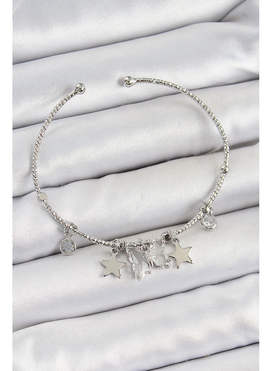 Pirinç Zirkon Taşlı Kelebek Ve Yıldız Model Gümüş Renk Charm Bileklik