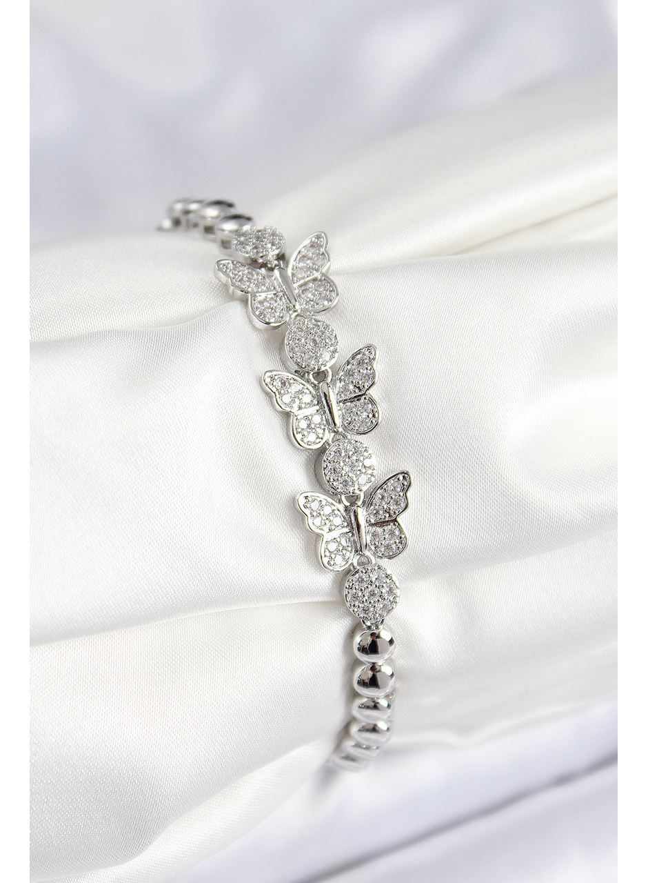 Pirinç Zirkon Taşlı Kelebek Model Gümüş Renk Kadın Bileklik