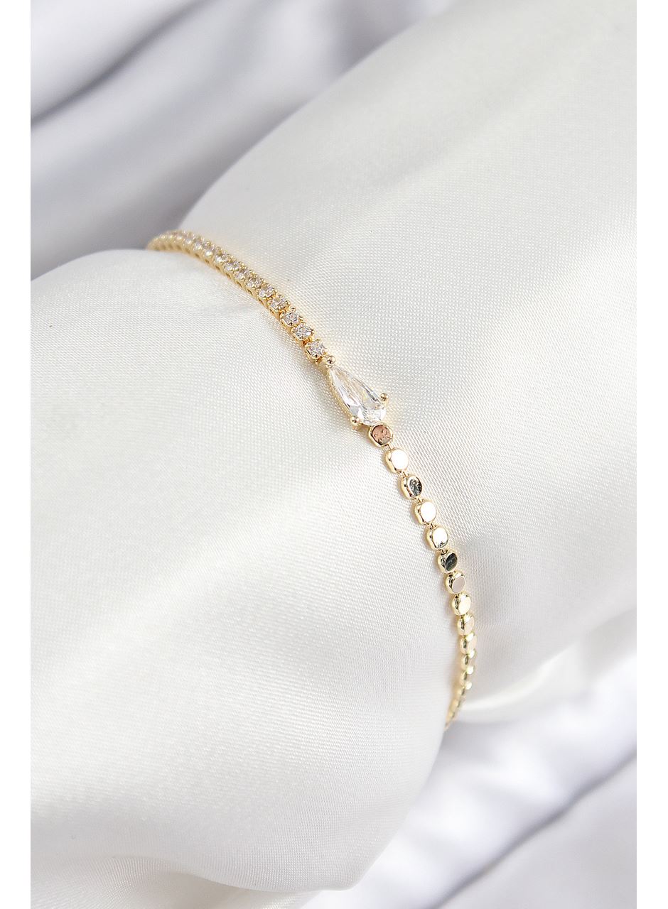 Pirinç Zirkon Taşlı Damla Model Ezme Zincir Gold Renk Kadın Bileklik