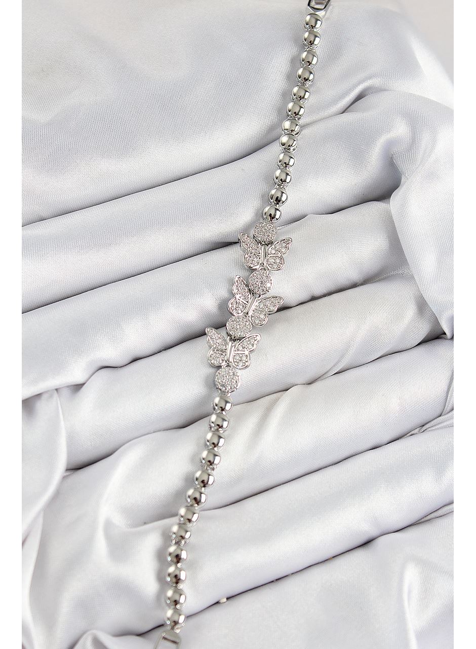 Pirinç Zirkon Taşlı Kelebek Model Gümüş Renk Kadın Bileklik