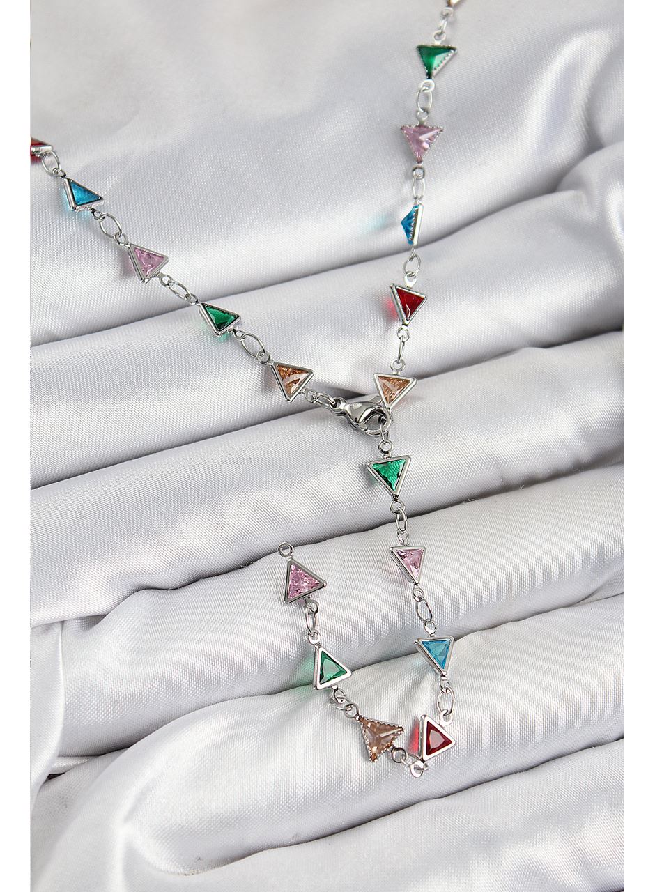 Pirinç Renkli Zirkon Taşlı Üçgen Model Gümüş Renk Kadın Y Kolye