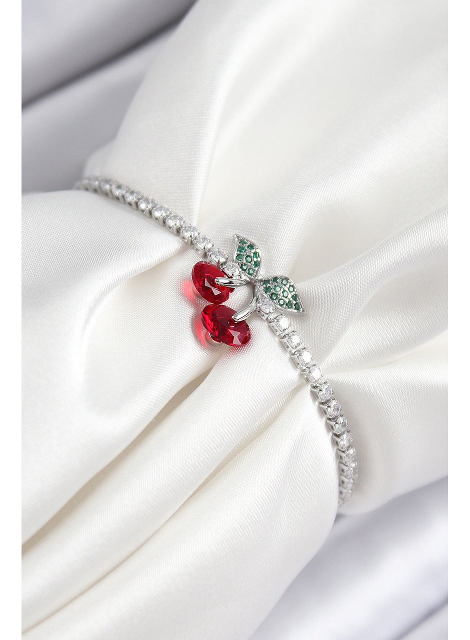 Pirinç Zirkon Taşlı Kiraz Model Gümüş Renk Asansörlü Kadın Bileklik