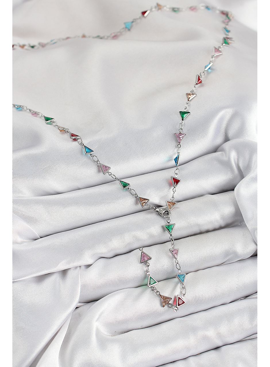 Pirinç Renkli Zirkon Taşlı Üçgen Model Gümüş Renk Kadın Y Kolye