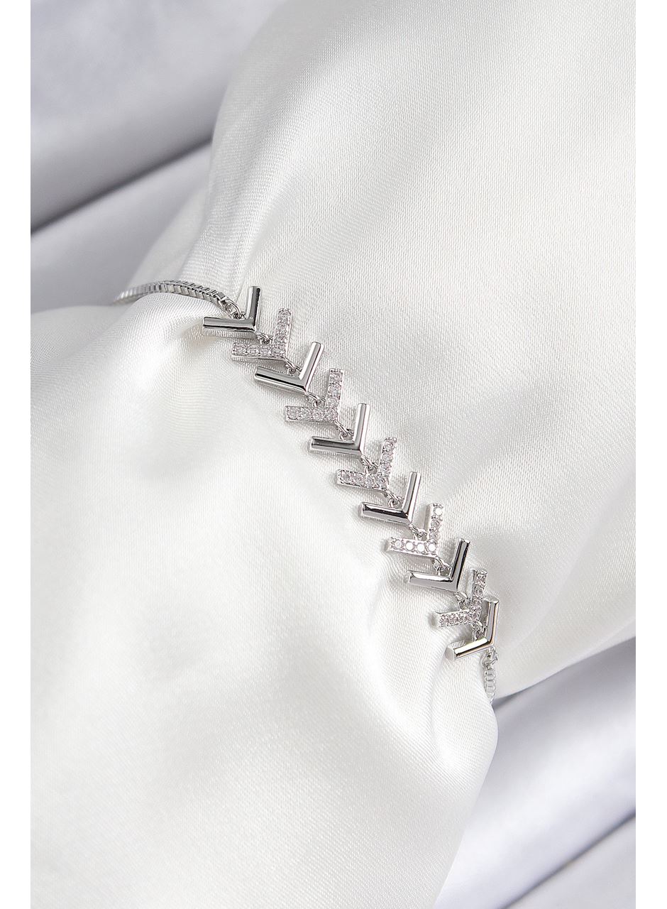 Pirinç Zirkon Taşlı Sıralı Ok Model Gümüş Renk Asansörlü Kadın Bileklik